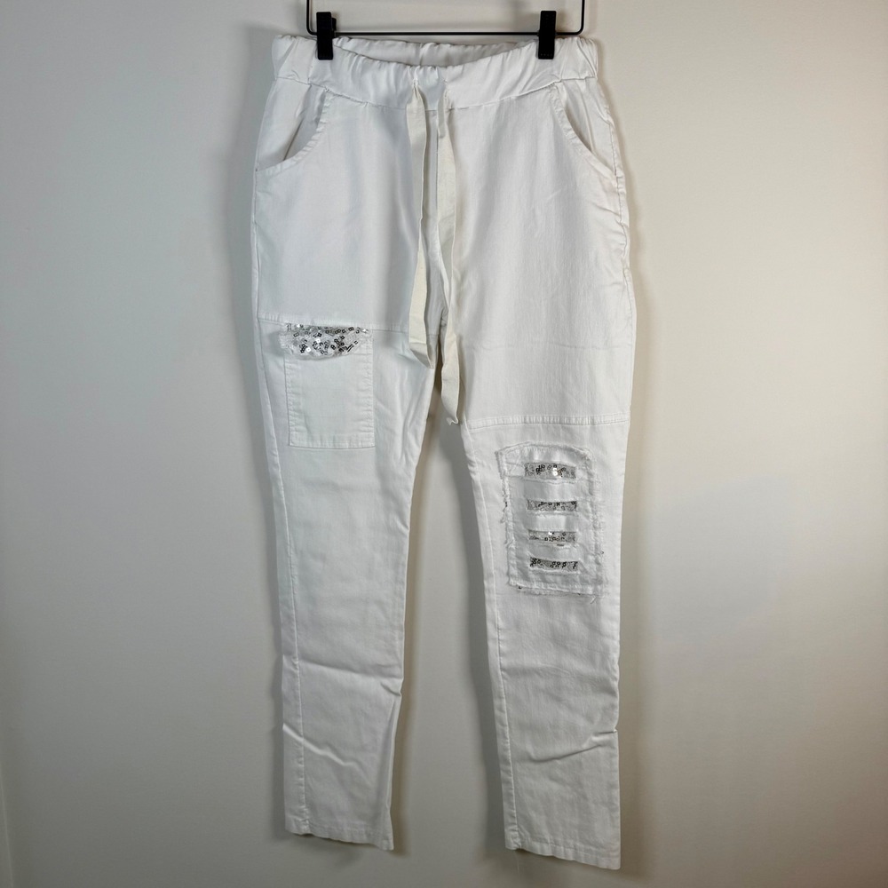 Gigi Moda Sequin Distressed Pull On Jogger Pants Medium White Italian Lagenlook